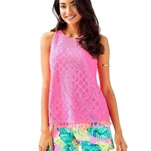 BOGO! Lilly Pulitzer Lynn Top Pink Sunset Pineapple Geo Lace Size Medium